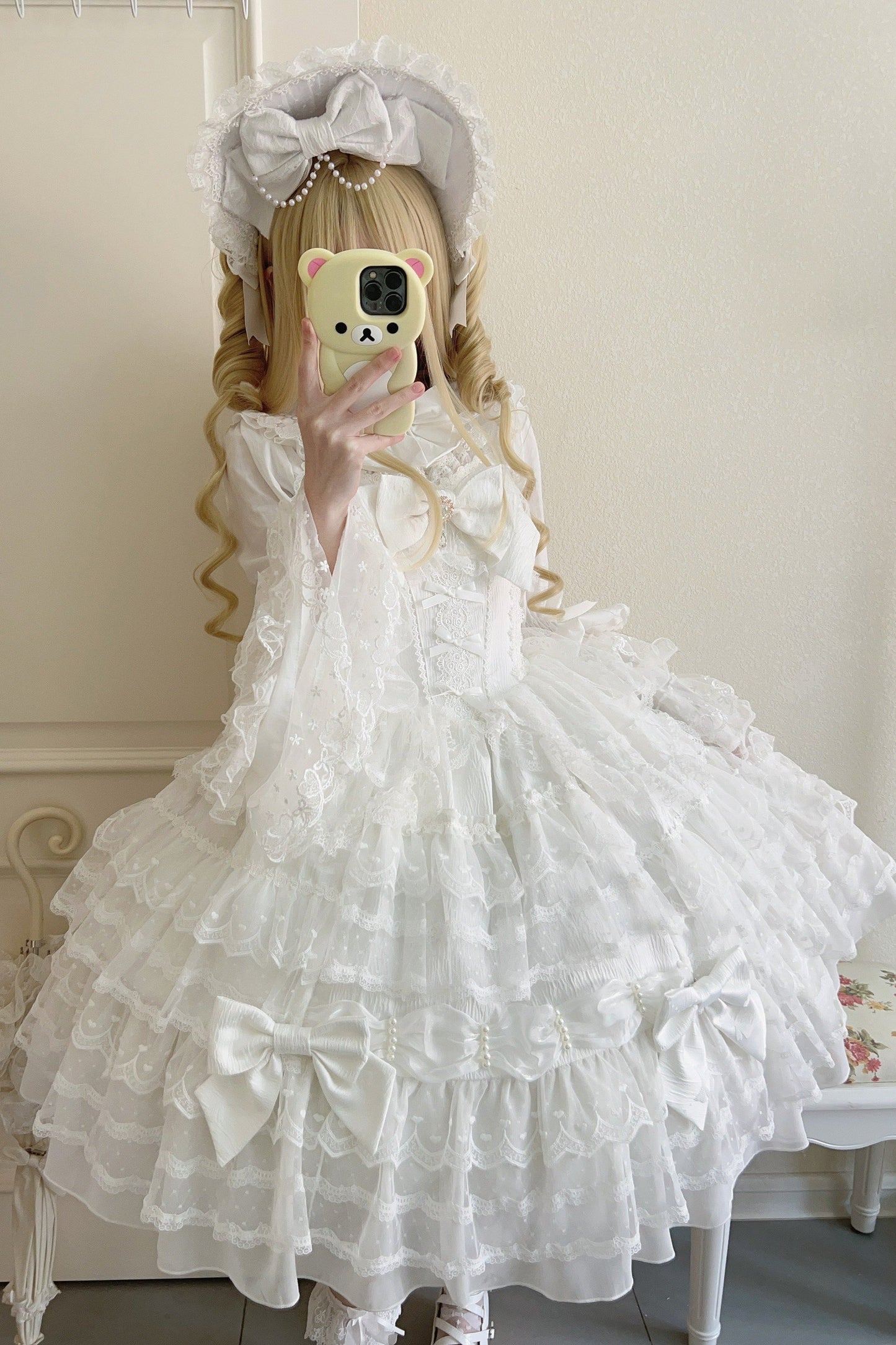 [pre-order] White Sugar Doll Princess Sleeve Suspender Dress Suit + Bonnet Hat