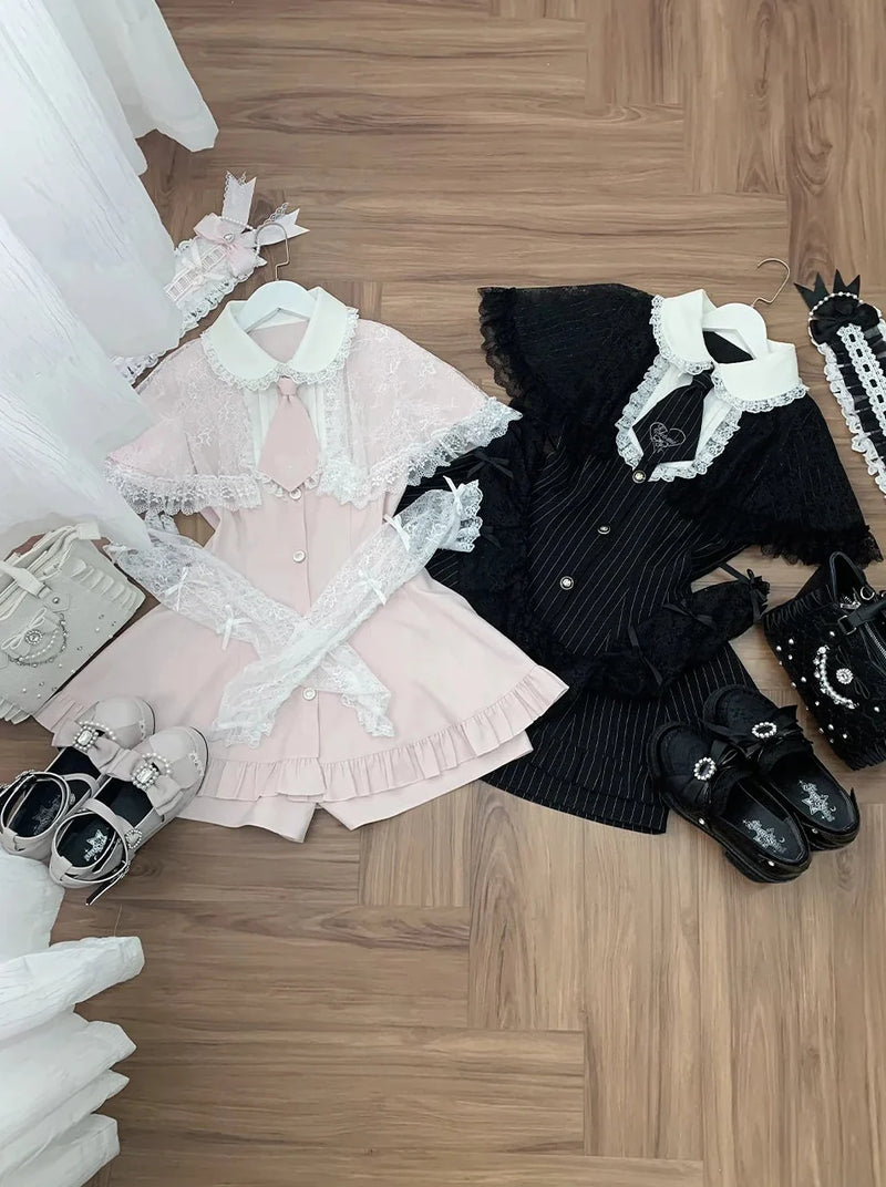 [pre-order Deadline: May 15] Pink Lace Cape Design Tie Color Dress Suit Full Set + Accessories