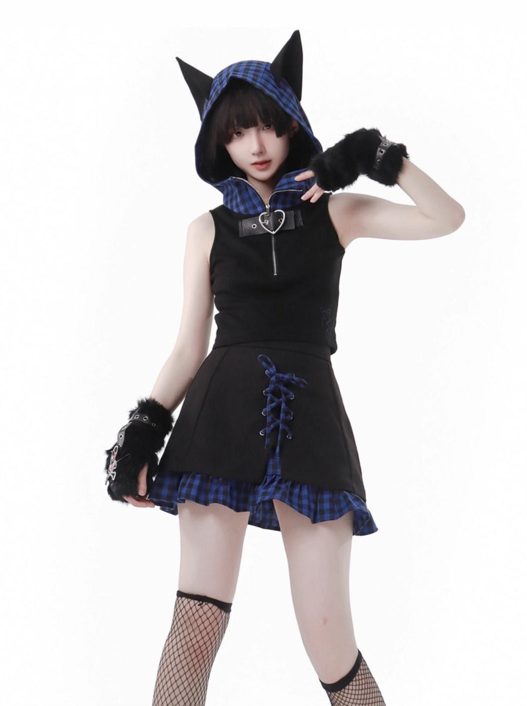 Blue Plaid Stitch Cat Ear Hoodie Summer Strap Design Suit