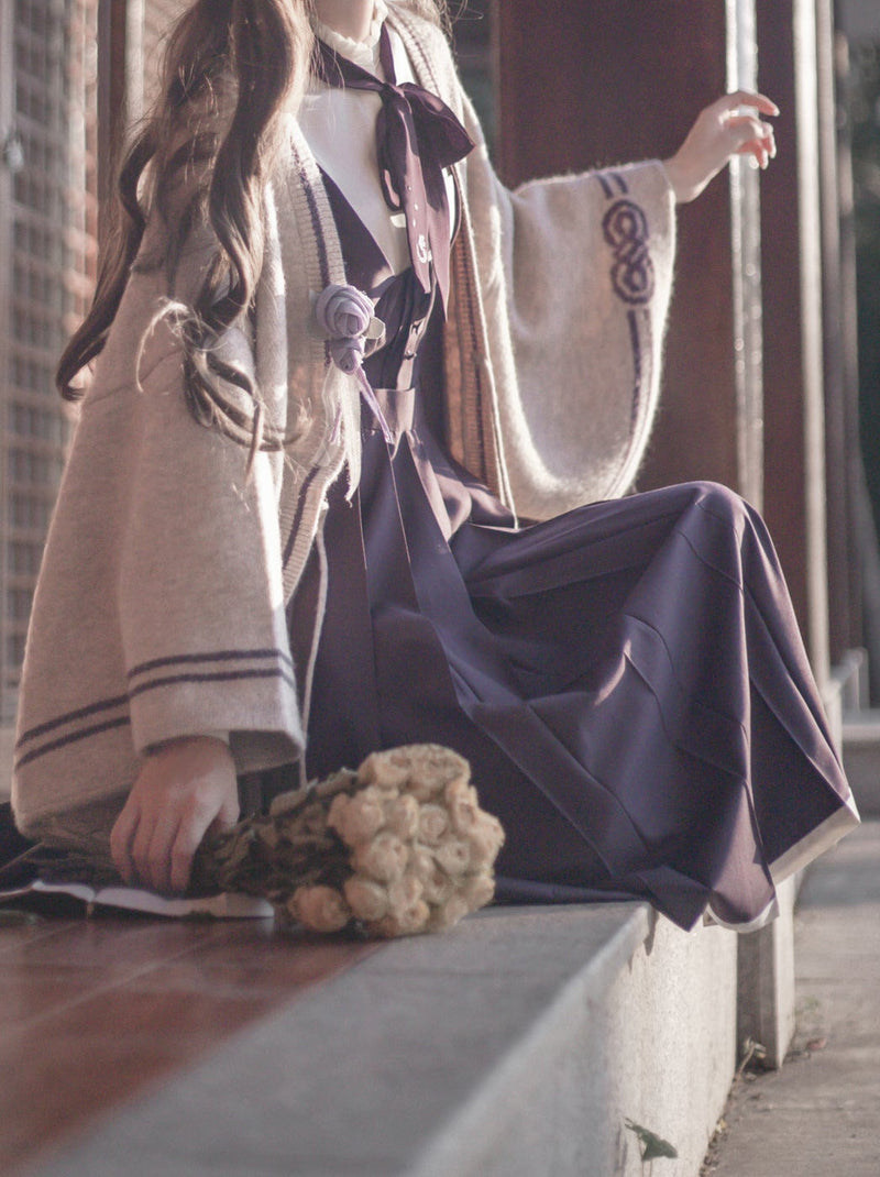 Retro Japanese-style Sleeve Knit Cardigan + Ruffle Stand Collar Shirt + Vest Dress + Ribbon + Corsage
