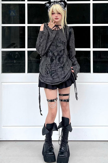 Butterfly Tie Off-shoulder Distressed Top Set