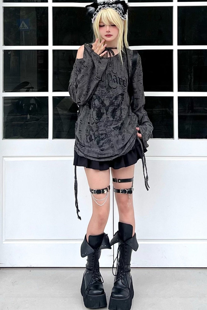 Butterfly Tie Off-shoulder Distressed Top Set