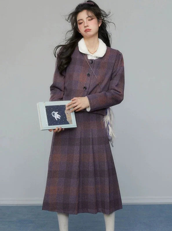 Retro Dark Purple Check Jacket + Long Skirt