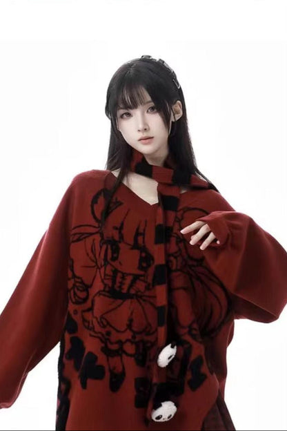 Chinese-style Illustration V Neck Knit Slim Sweater Design Shirt & Skirt Set
