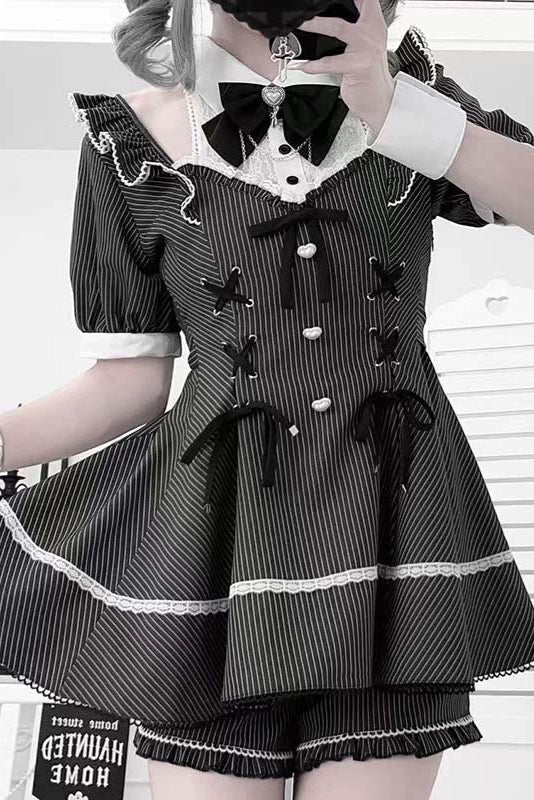 Striped Ribbon Jirai Top + Ruffle Pants