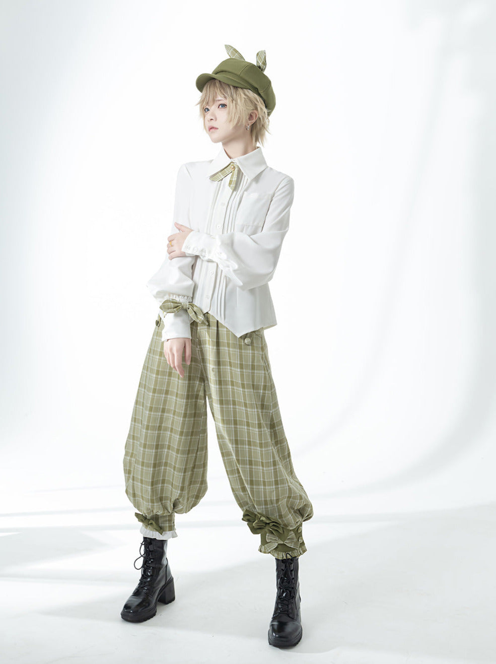 Secret Morning Post Green Tea Color Retro Sweet Cool Vest Shirt Cropped Pants