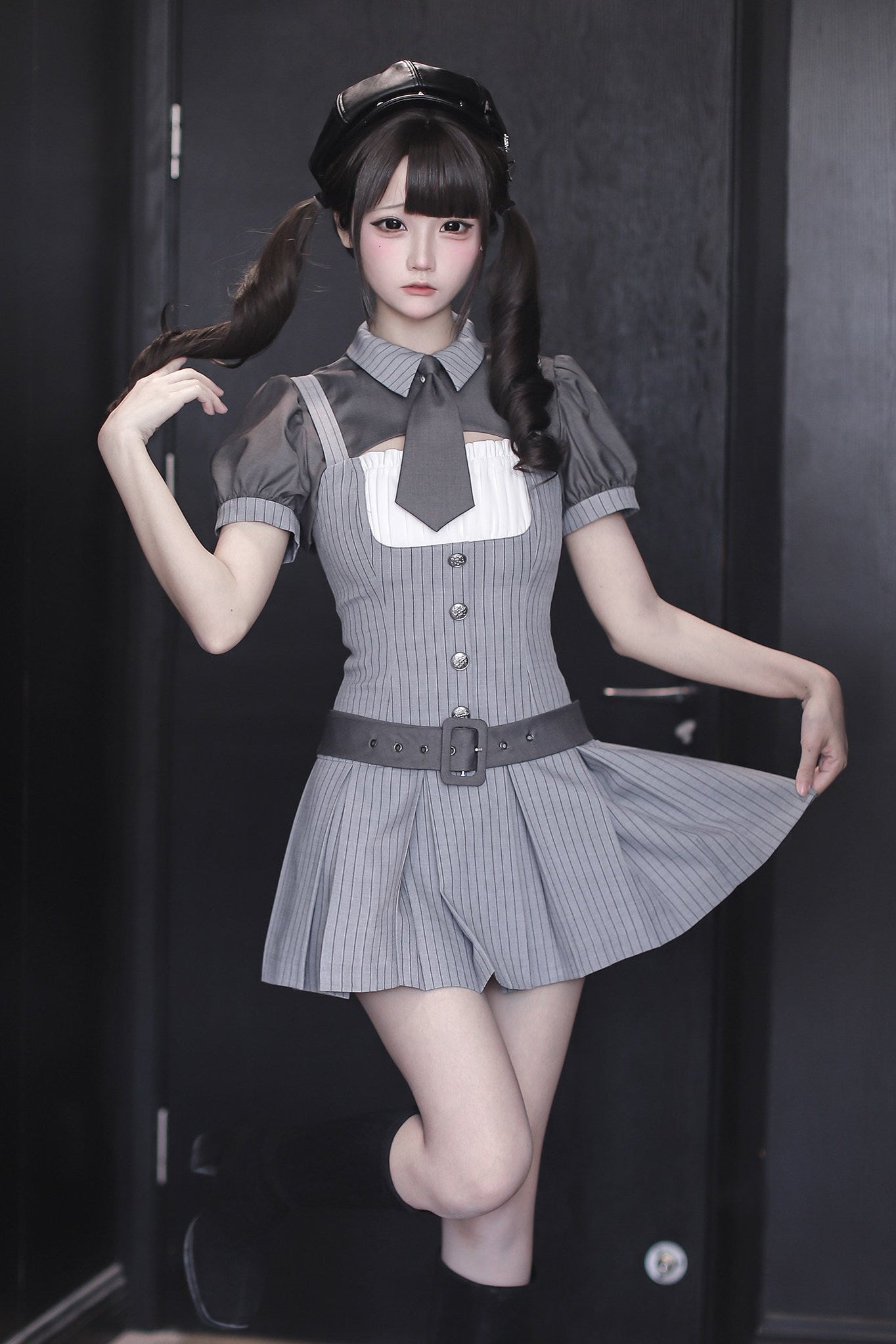 [pre-order Deadline: April 15] Gray Pinstripe Tie Collar Short Jacket Dress Full Set + Jewel Casquette
