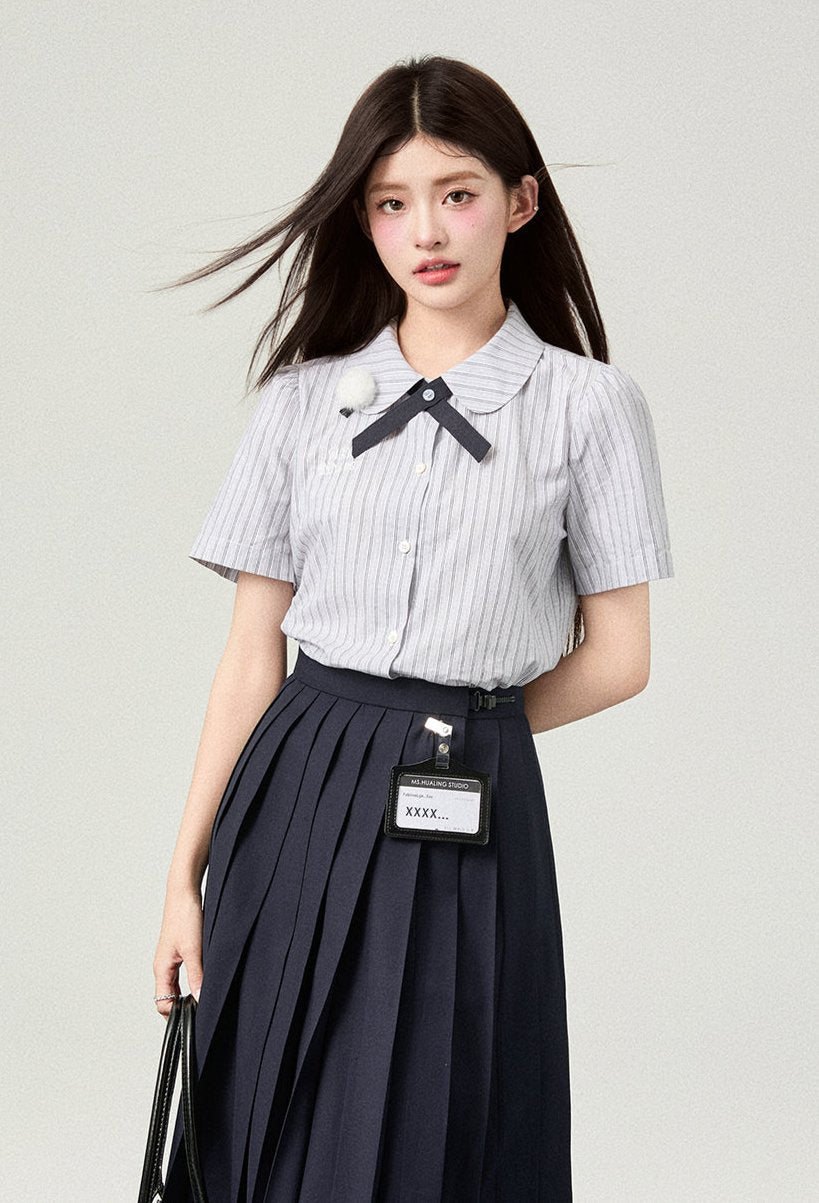 Flower Bell Tie Short Sleeve Shirt + Short Skirt + Long Skirt