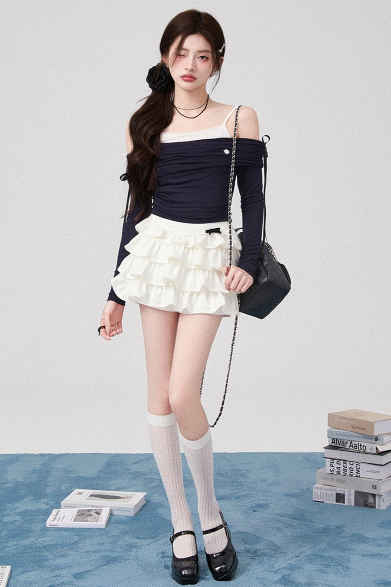 Bow One Shoulder Knit Top + Pleated Skirt + Ribbon Tiered Skirt