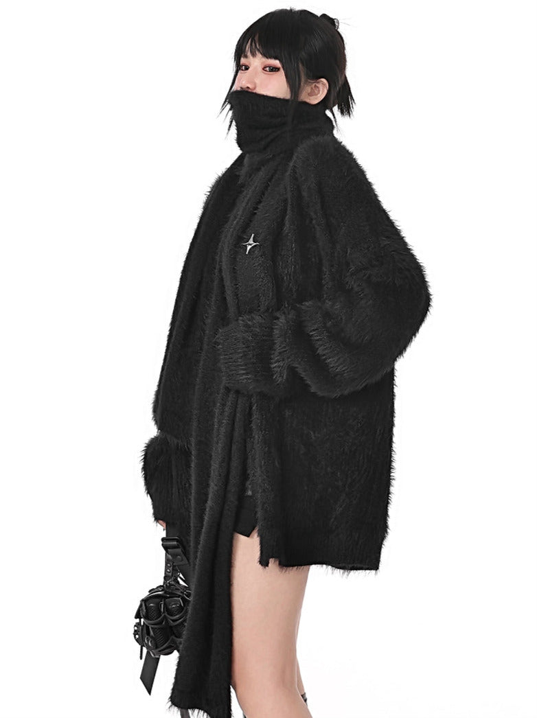Metal Star Dark Style Loose Knit Cardigan With Scarf