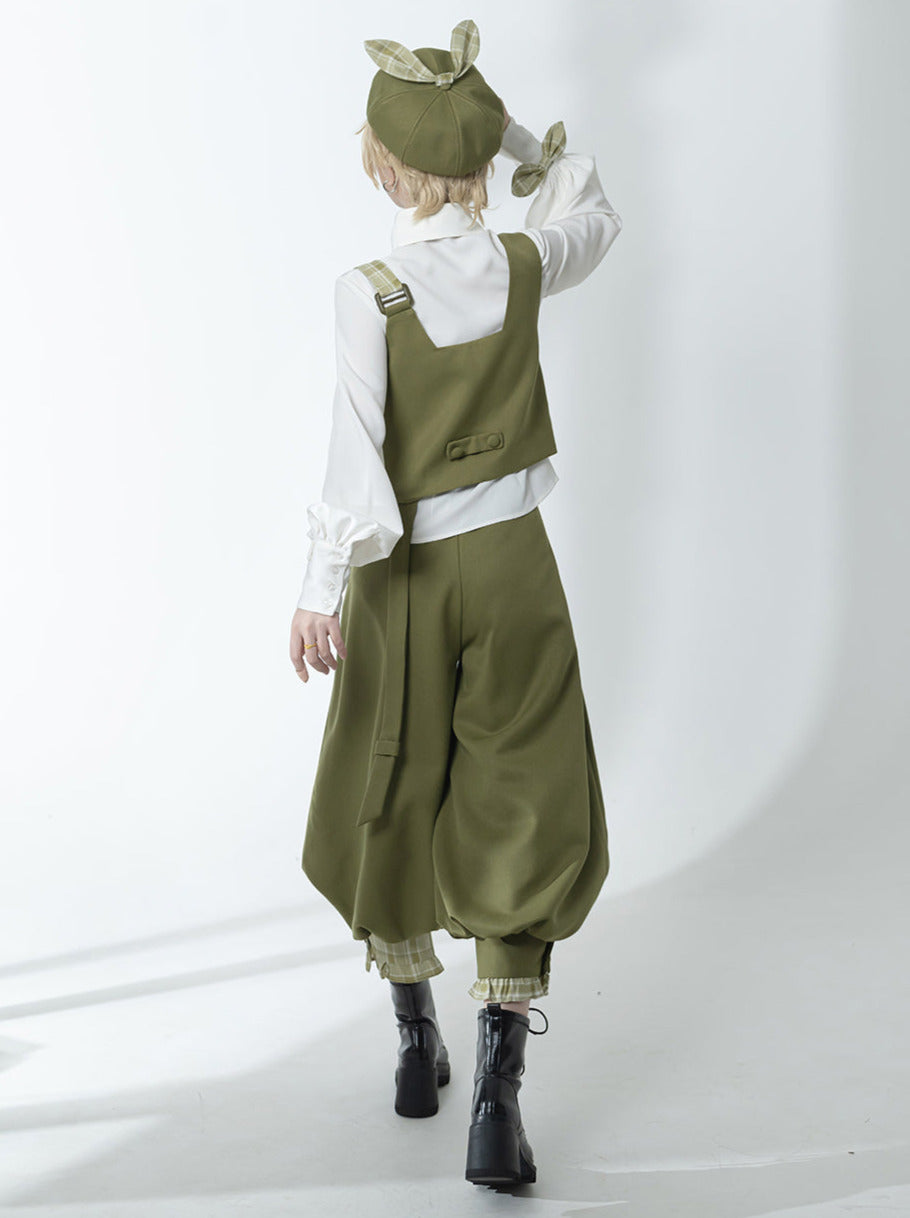 Secret Morning Post Green Tea Color Retro Sweet Cool Vest Shirt Cropped Pants