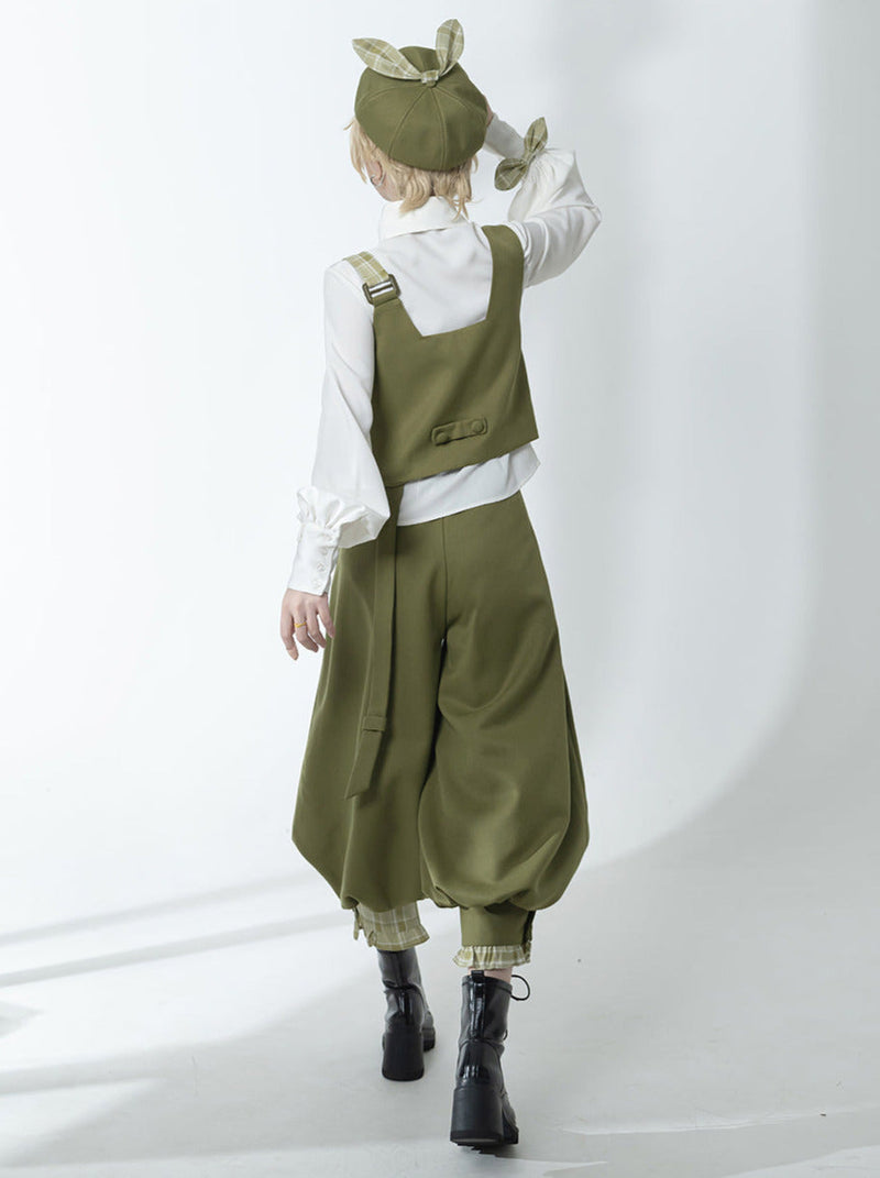 Secret Morning Post Green Tea Color Retro Sweet Cool Vest Shirt Cropped Pants