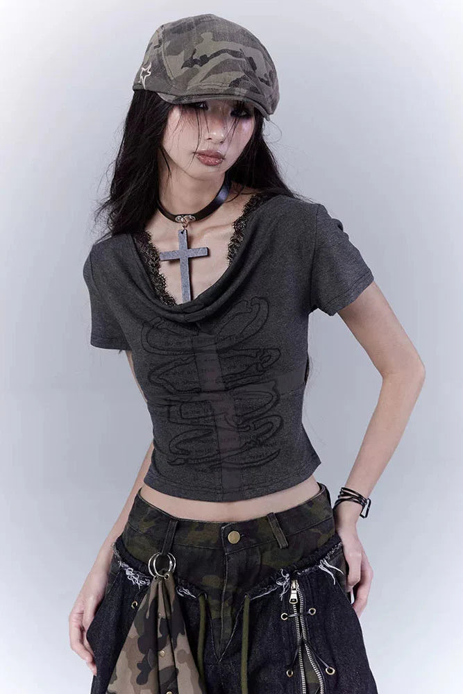 Dark Slim Lace Cross Top