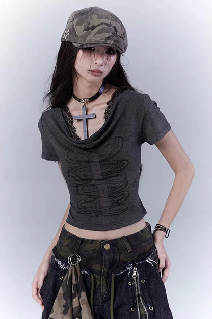 Dark Slim Lace Cross Top