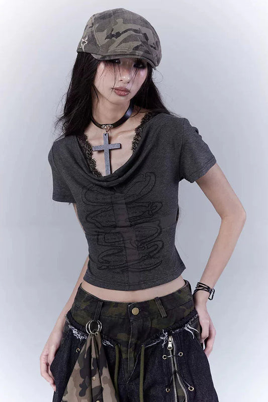 Dark Slim Lace Cross Top