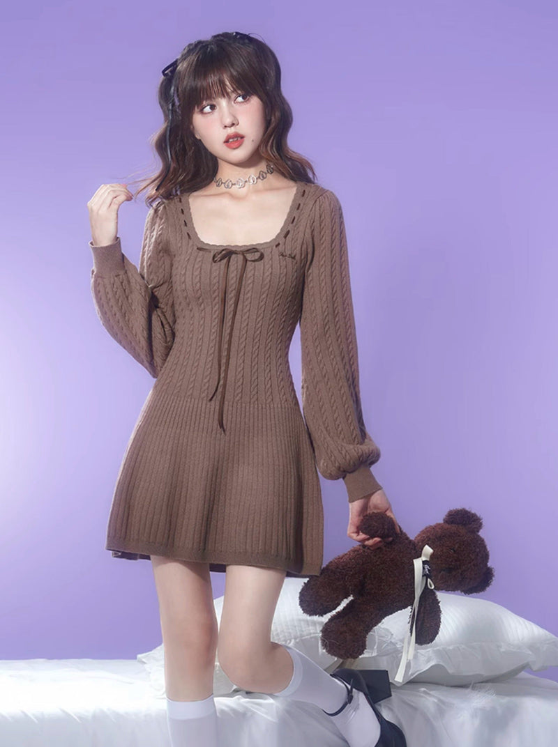 Balloon Sleeve Brown Knit Dress