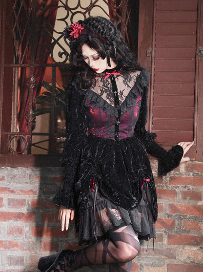 Rose Cemetery Gothic Dark Red Velvet Puff Sleeve Lace Dress
