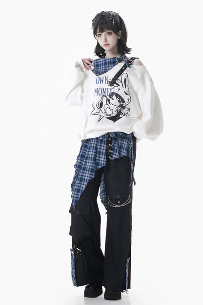 Off-shoulder Sweatshirt Top + Asymmetric Skirt + Long Pants