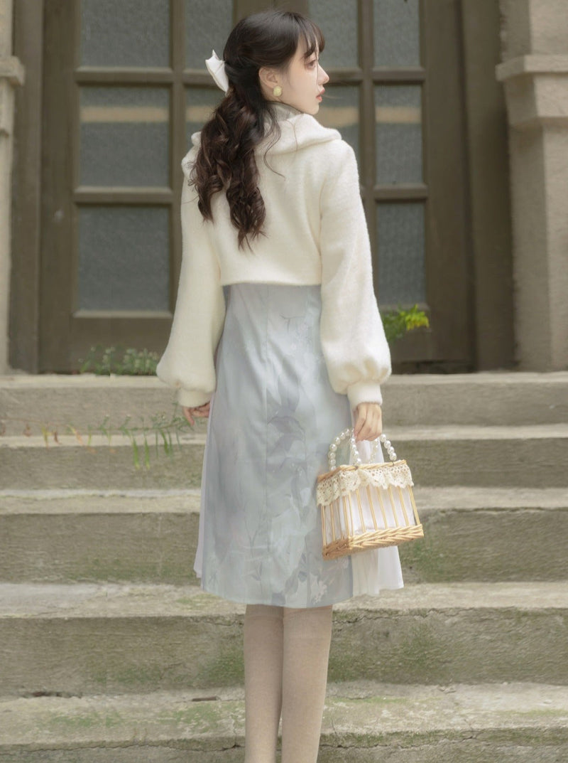 Retro Chinese-style Dress + Ribbon Short Fur Coat