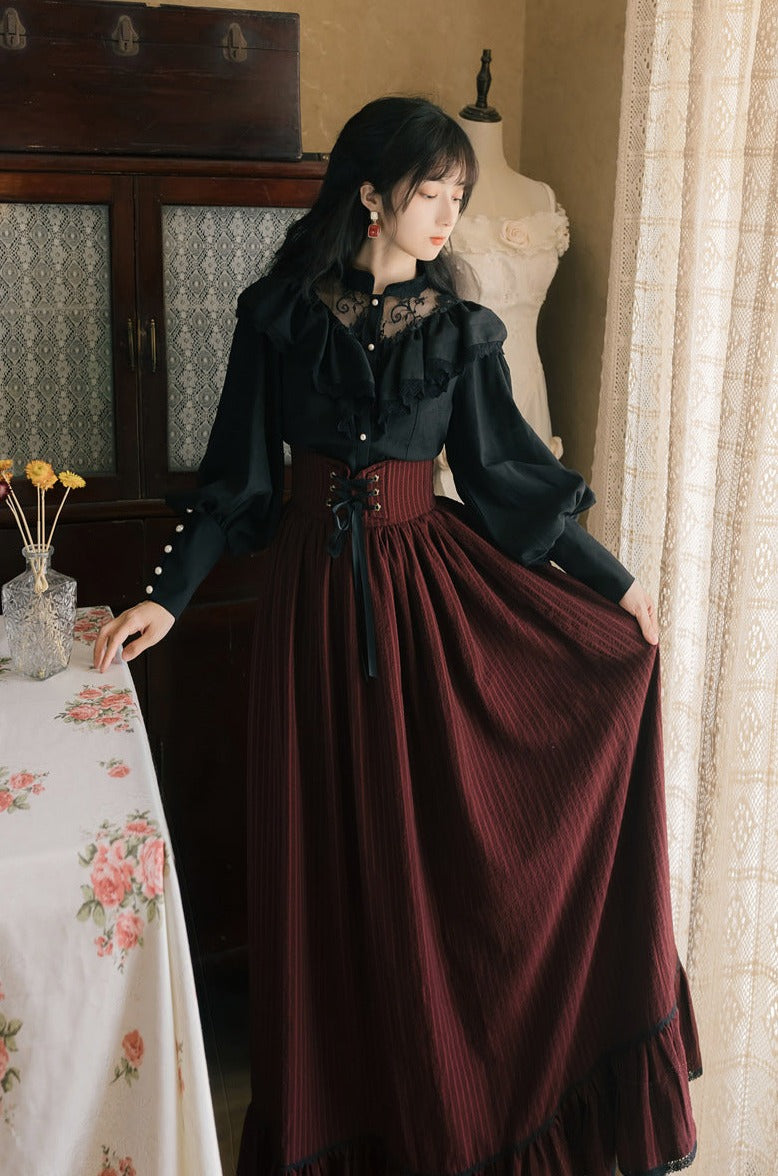 Ruffle Lace Blouse + Striped Corset Skirt