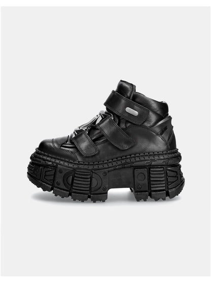 Dark Punk Style Platform Leather Metal High-top Shoes [plain/chain Nut]