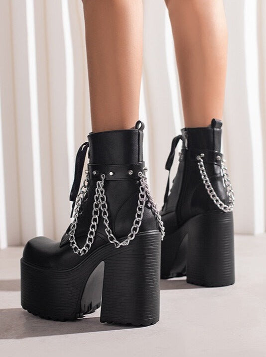 Gothic Rivet Chain High Heel Short Ankle Boots