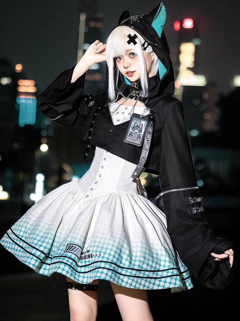 [pre-order] Daily Gothic Retro Punk Style Hooded Jacket + Pleated Jumper Skirt