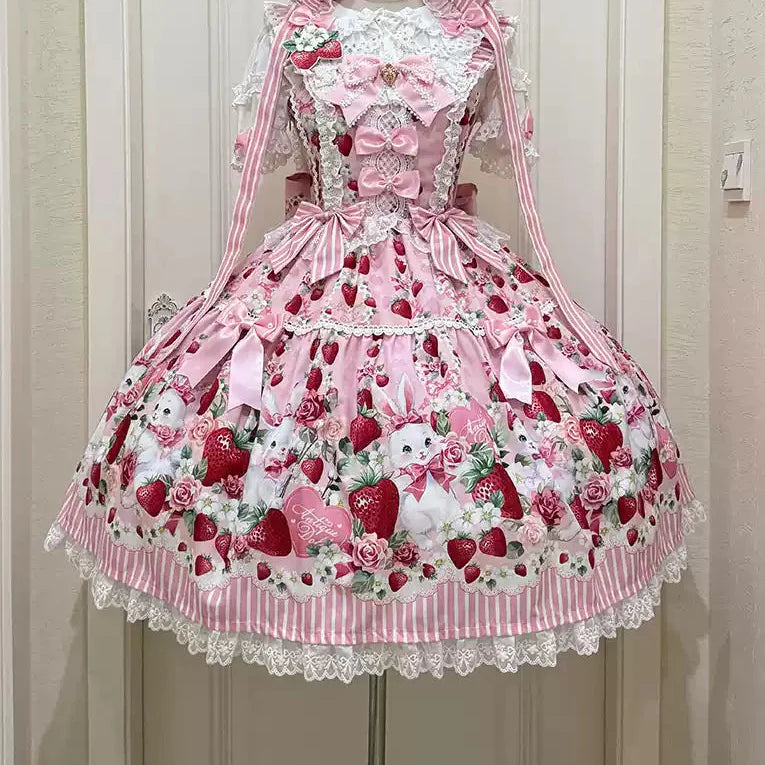 [pre-order Deadline: April 29] Strawberry Rabbit Ear Ribbon Shirt + Ruffled Shoulder Lace Ribbon Jk School Uniform Dress + Full Set/complete Set