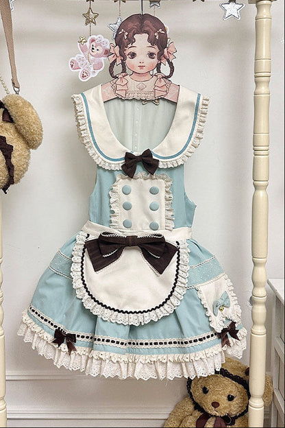 [pre-order Item]chocolate Mint Sailor Collar Girly Maid Dress + Cake Hat