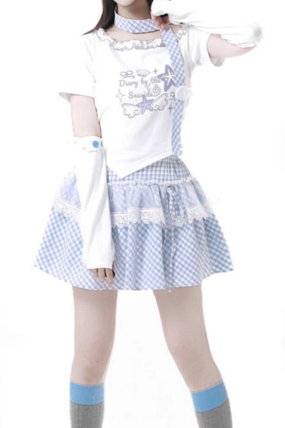 Pastel Sweet Twin T-shirt With Scarf + Puff Skirt + Arm Covers