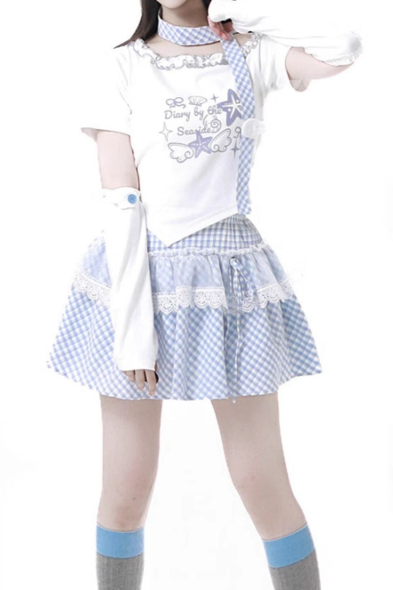 Pastel Sweet Twin T-shirt With Scarf + Puff Skirt + Arm Covers