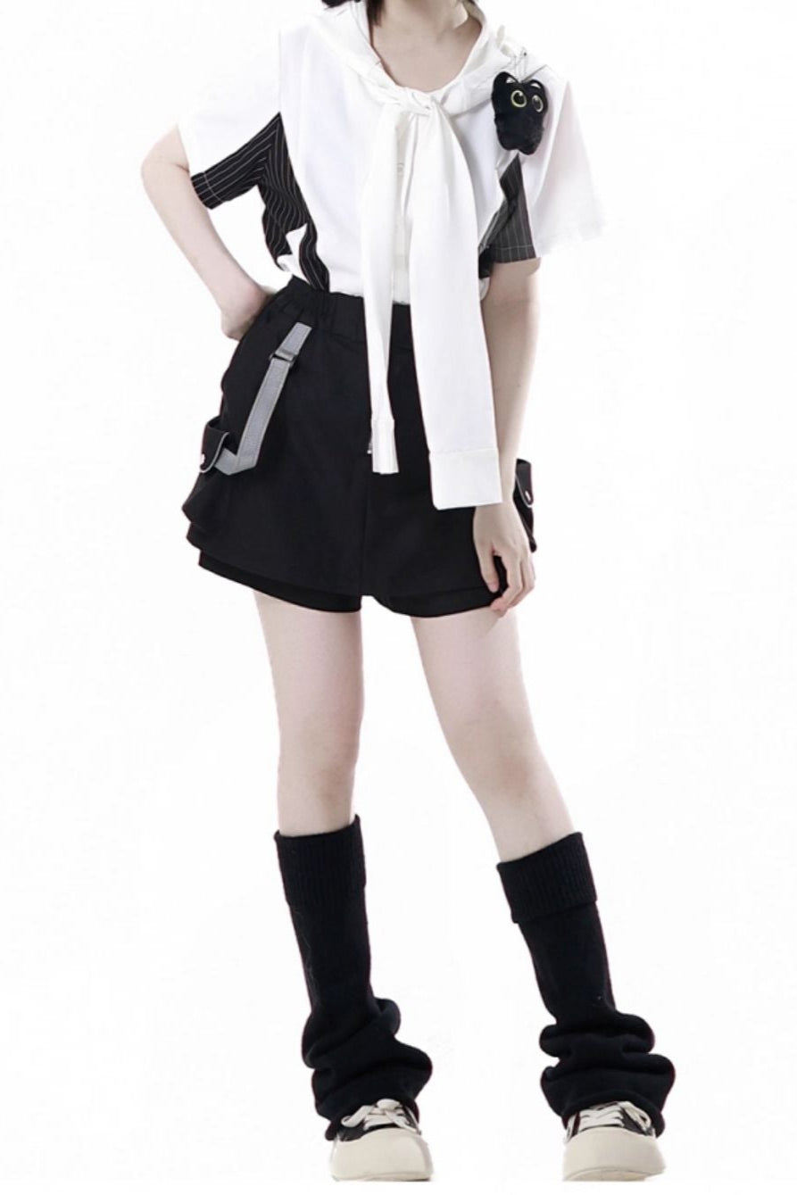 Stripe Stitch Design Shirt + Hooded Shirt + Shorts + Culottes + Tie