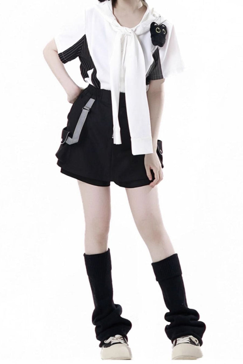Stripe Stitch Design Shirt + Hooded Shirt + Shorts + Culottes + Tie