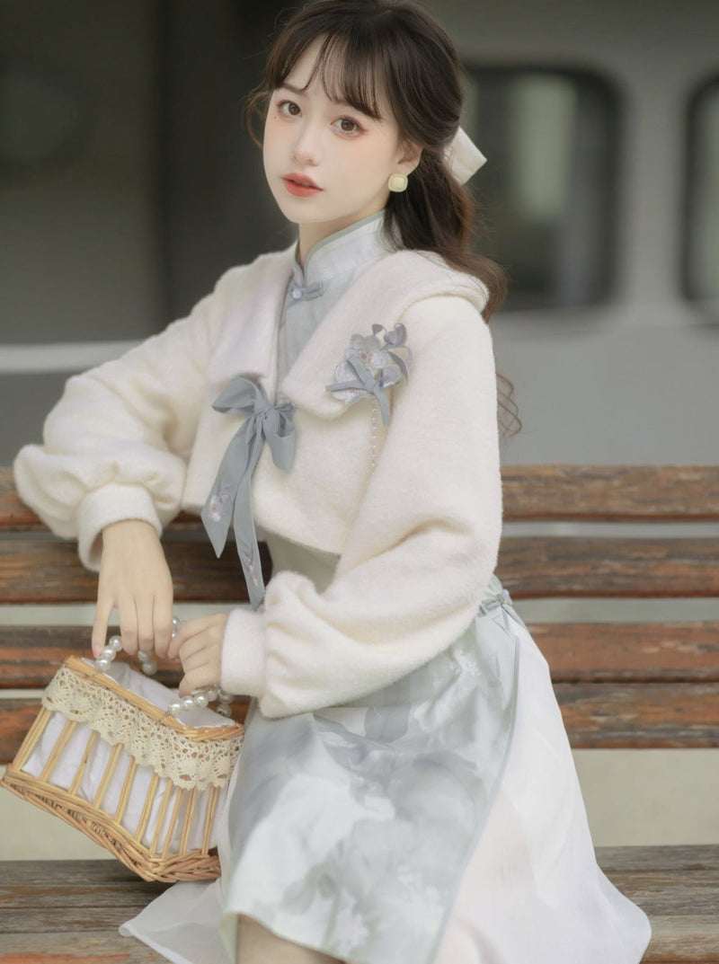 Retro Chinese-style Dress + Ribbon Short Fur Coat