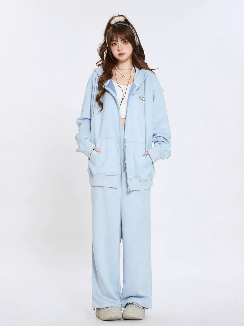 Suede Hooded Sweatshirt Lazy Style Set