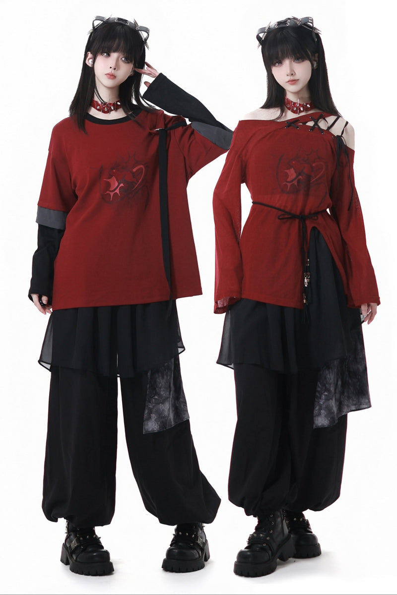 Paneled Mode Red Top + Mode Pants + Rose Belt