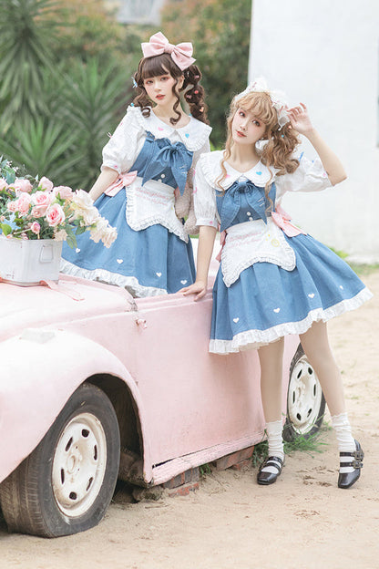 Light Raw Denim Lolita Jumper-skirt + Doll Innerwear + Apron