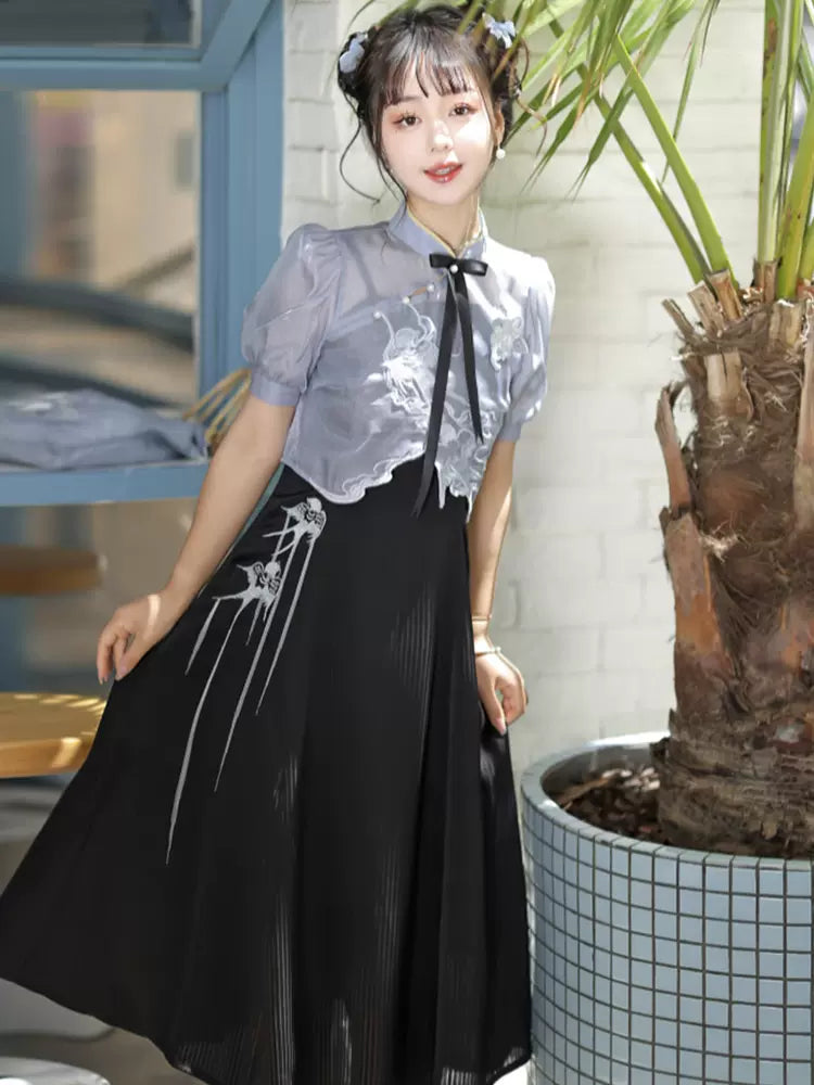 Sheer Short Chinese-style Shirt + Suspender Dress [short / Long] + Bag