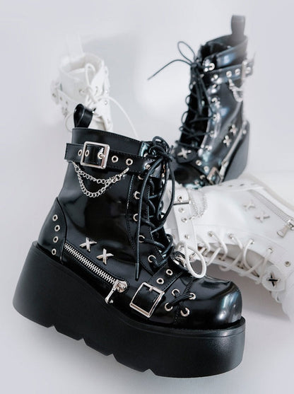 Punk Round Toe Platform Star Chain Design Boots