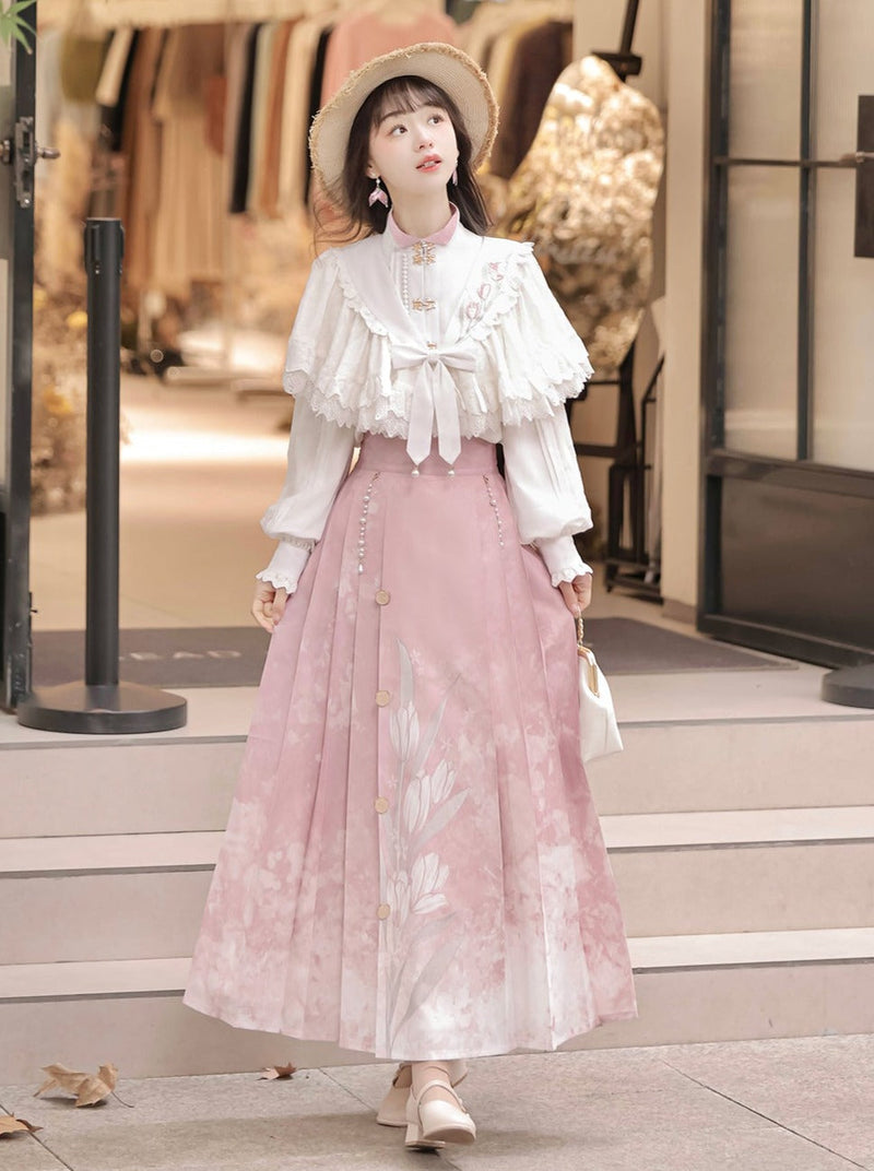 Sweet Chinese-style Blouse + Sweet Flower Pleated Skirt + Lace Ribbon Shawl