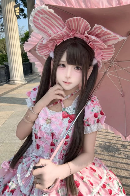 [pre-order Deadline: April 29] Strawberry Rabbit Print Lace Ribbon Sweet Dress + Complete Set