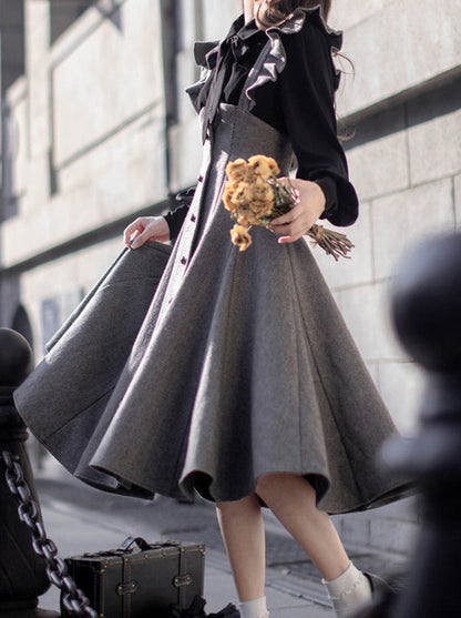 Retro Black Ribbon Volume Sleeve Shirt + Ruffle Shoulder Suspender Skirt