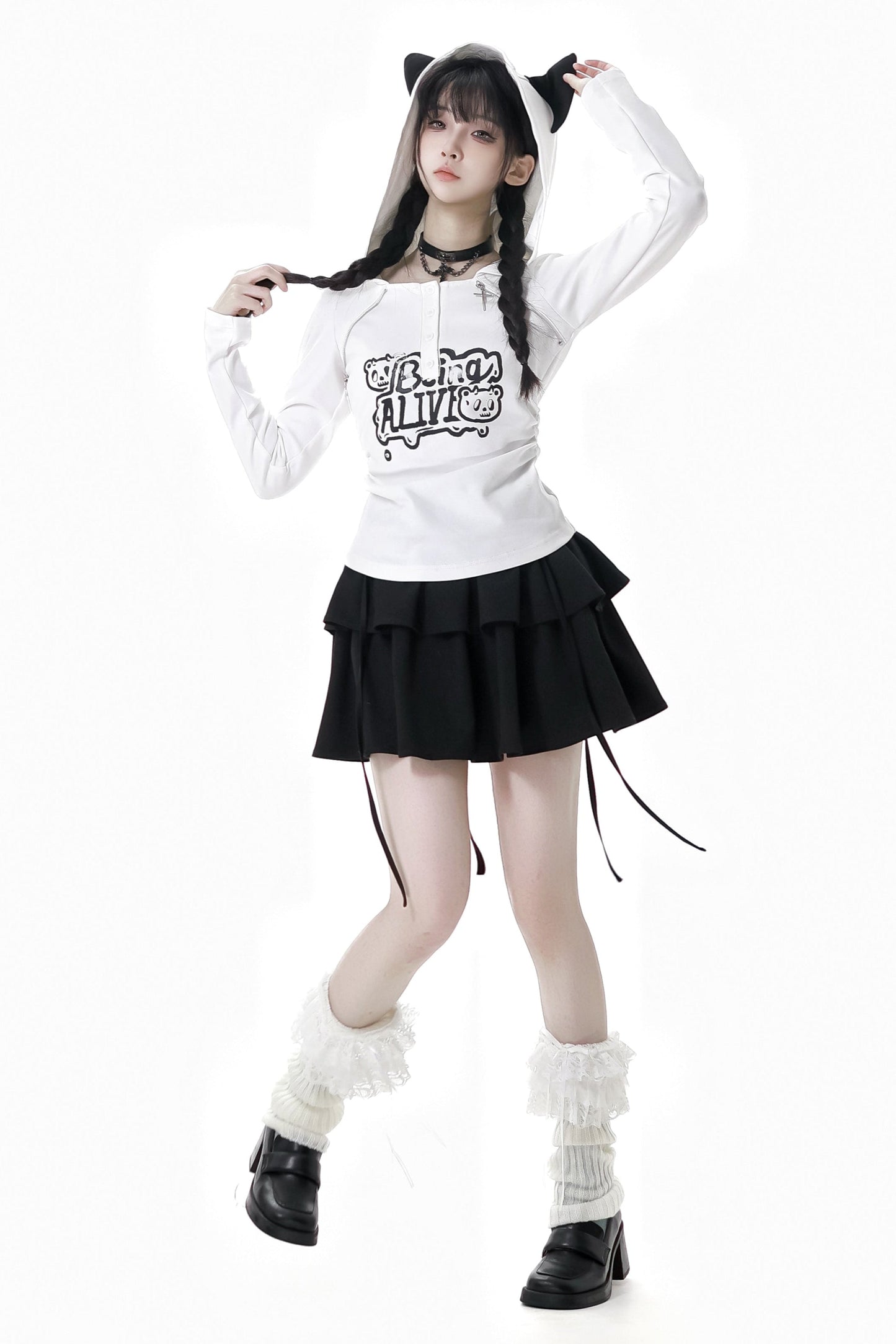 Cat Ear Hooded Top + Loose Knit Sweater + Cargo Pants + Strap Skirt