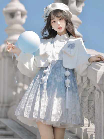 Ice Blue Chinese-style Dress + Fur Short Coat