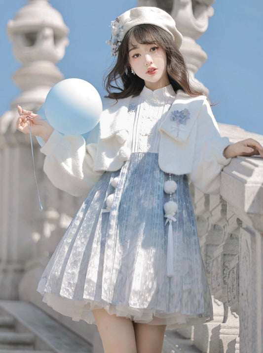 Ice Blue Chinese-style Dress + Fur Short Coat