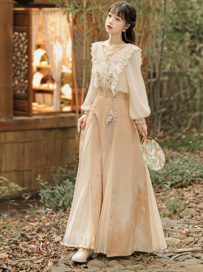 Chinese-style Lace Ruffled Blouse + Pleated Slit Long Skirt