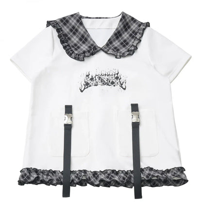 Lapel Checkered Collar Top + Skirt + Pants + Leg Warmers