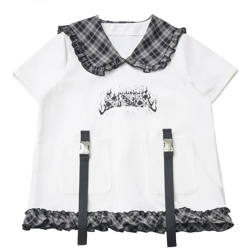 Lapel Checkered Collar Top + Skirt + Pants + Leg Warmers