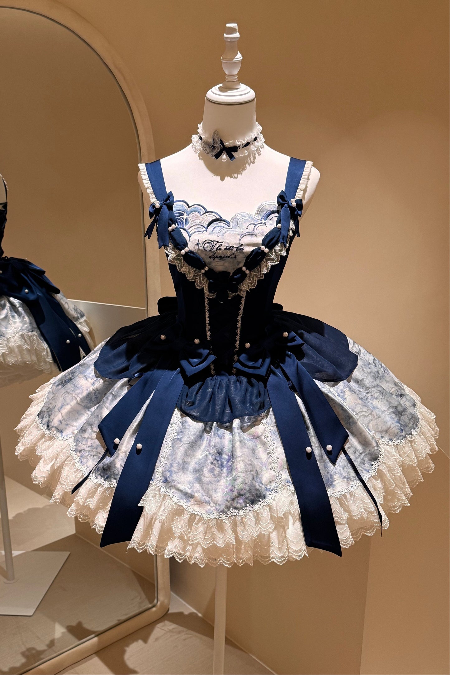 [pre-order Deadline: May 6] Dark Blue Moonlight Sea Lace Ribbon Layered Dress + Accessories