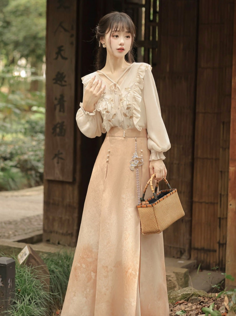 Chinese-style Lace Ruffled Blouse + Pleated Slit Long Skirt